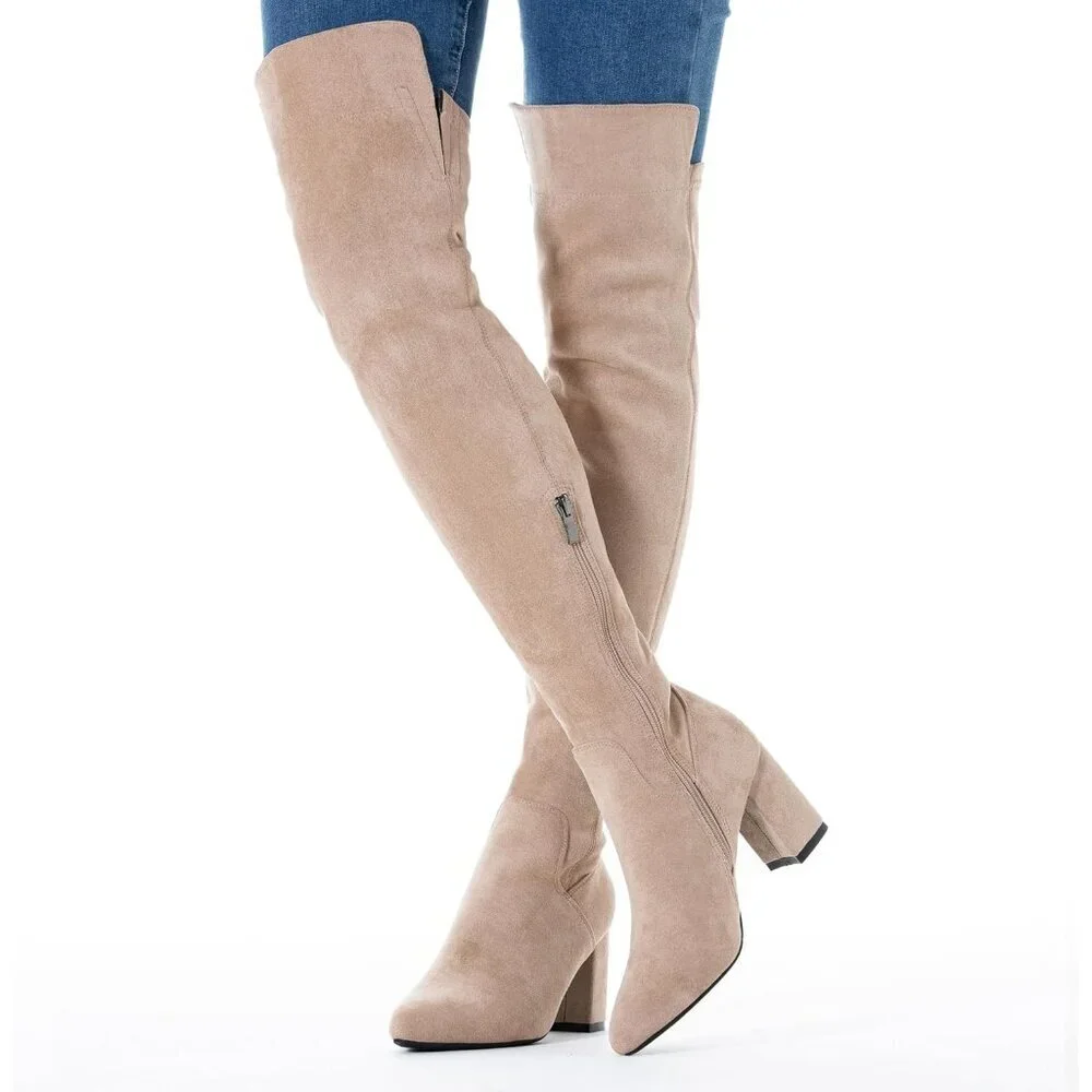 Women Beige\3inch Suede Over the Knee Thigh High Chunky Block Heel Winter Boots
